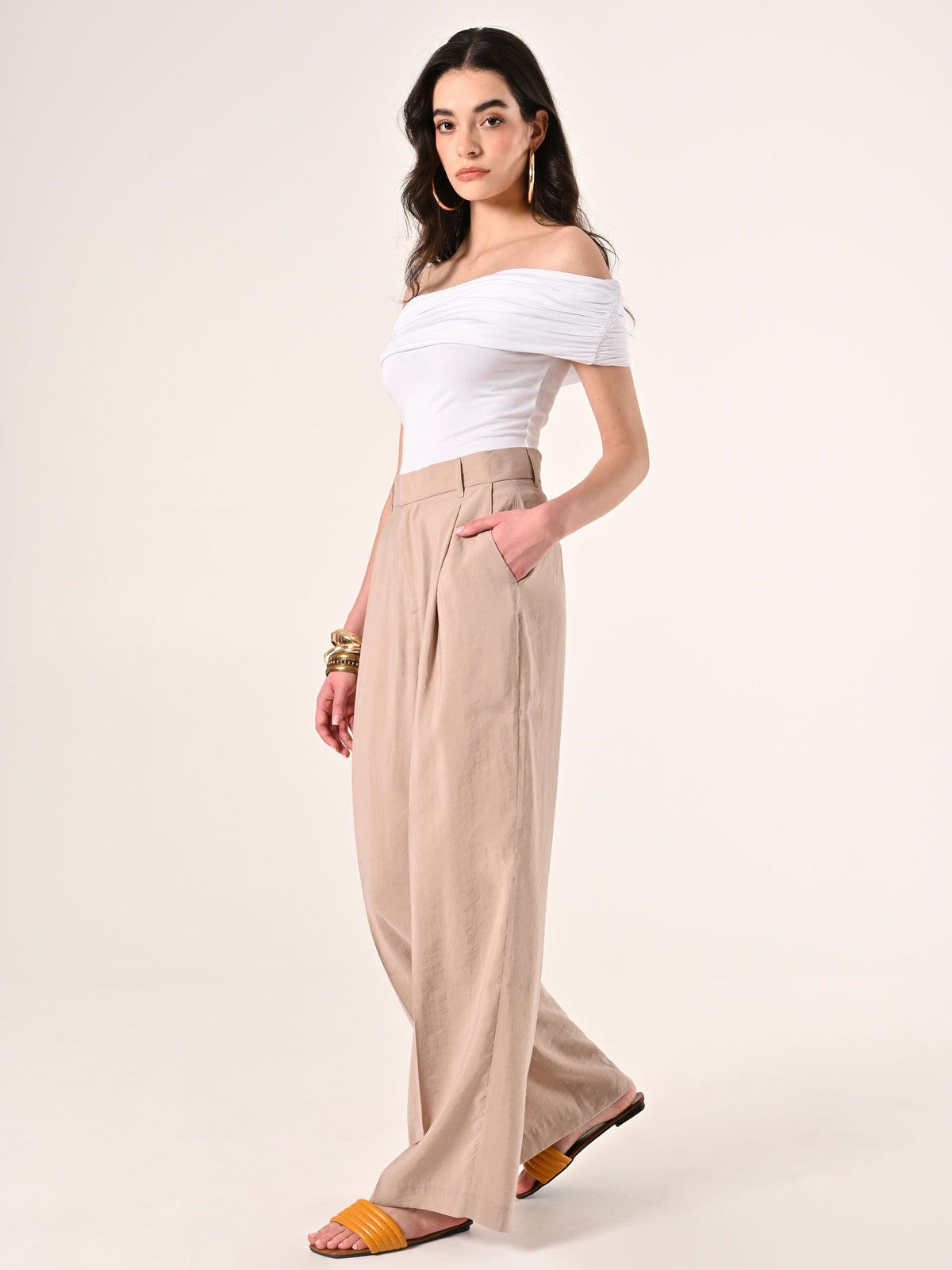 Pantaloni Ampi in Misto Moda Beige Scuro