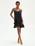 Mini abito nero in lyocell con rose applicate e balze