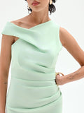 Tubino monospalla drappeggiato verde menta
