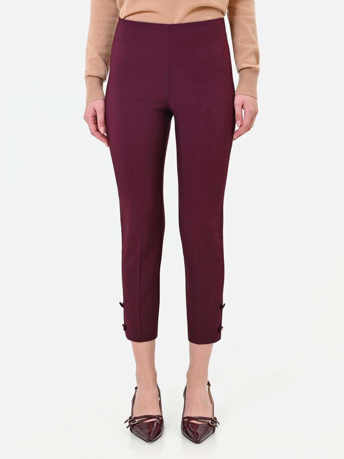 Pantalone bordeaux cropped con bottoni al fondo