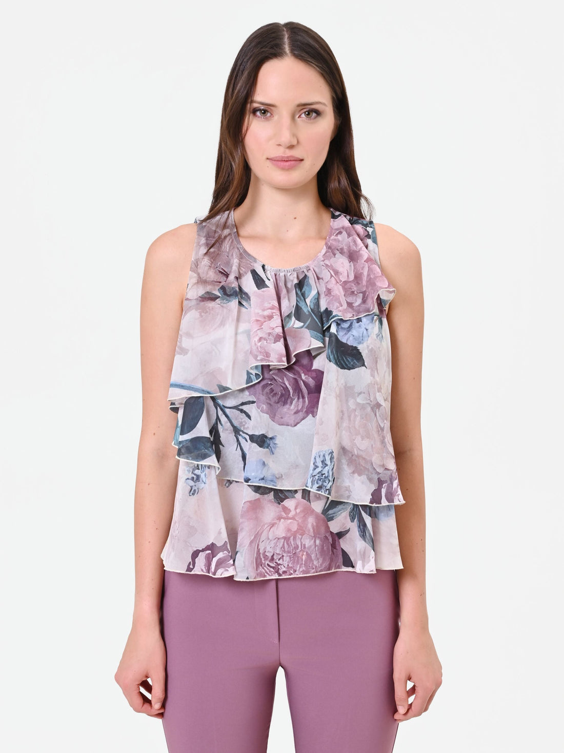 Top rosa antico con balze e stampa floreale