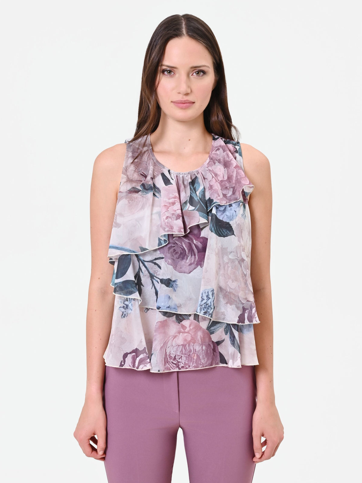 Top rosa antico con balze e stampa floreale