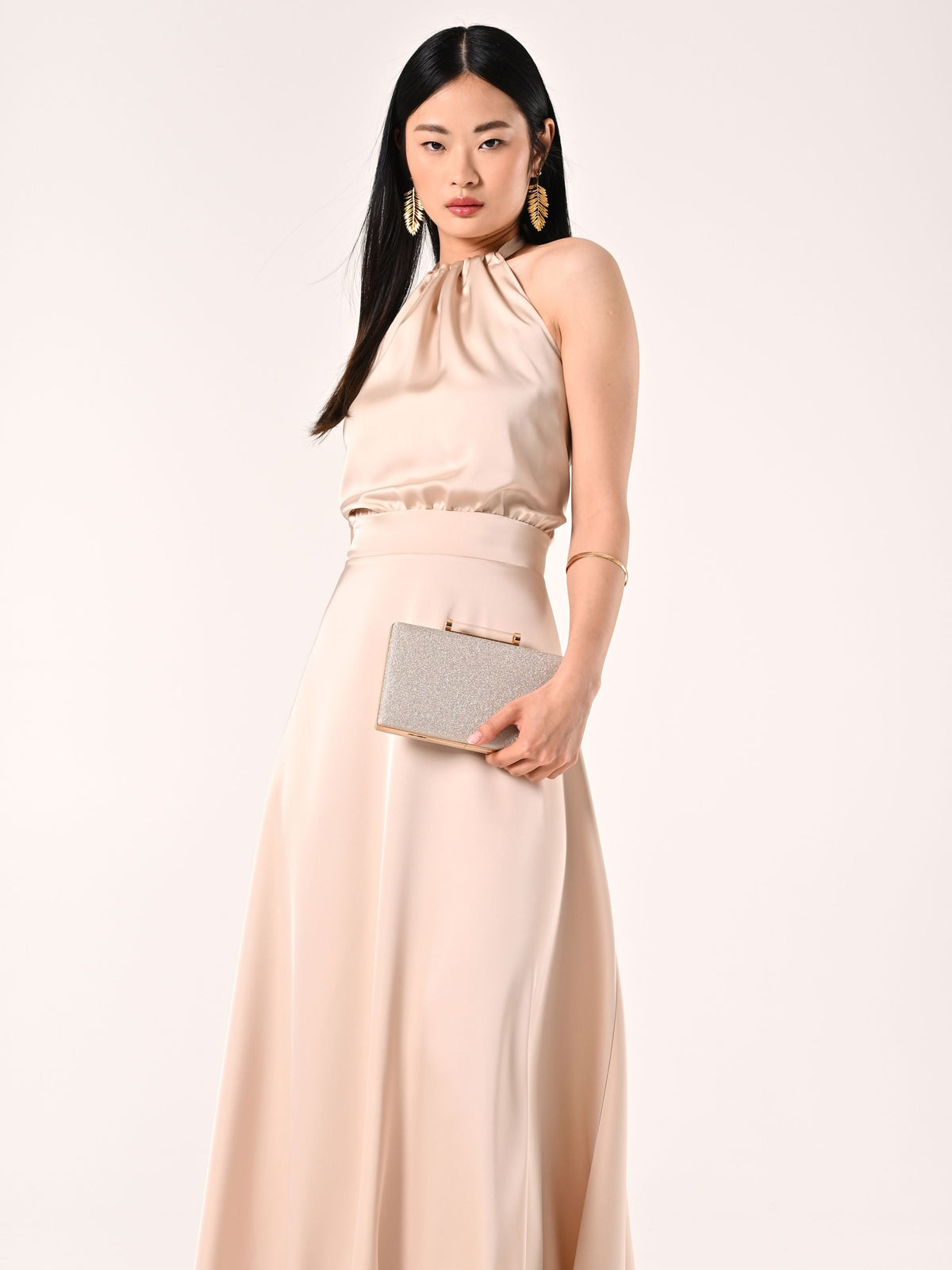 Abito Lungo in Raso Beige Chiaro