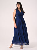 Abito Blu Curvy Lungo con Piping Strass