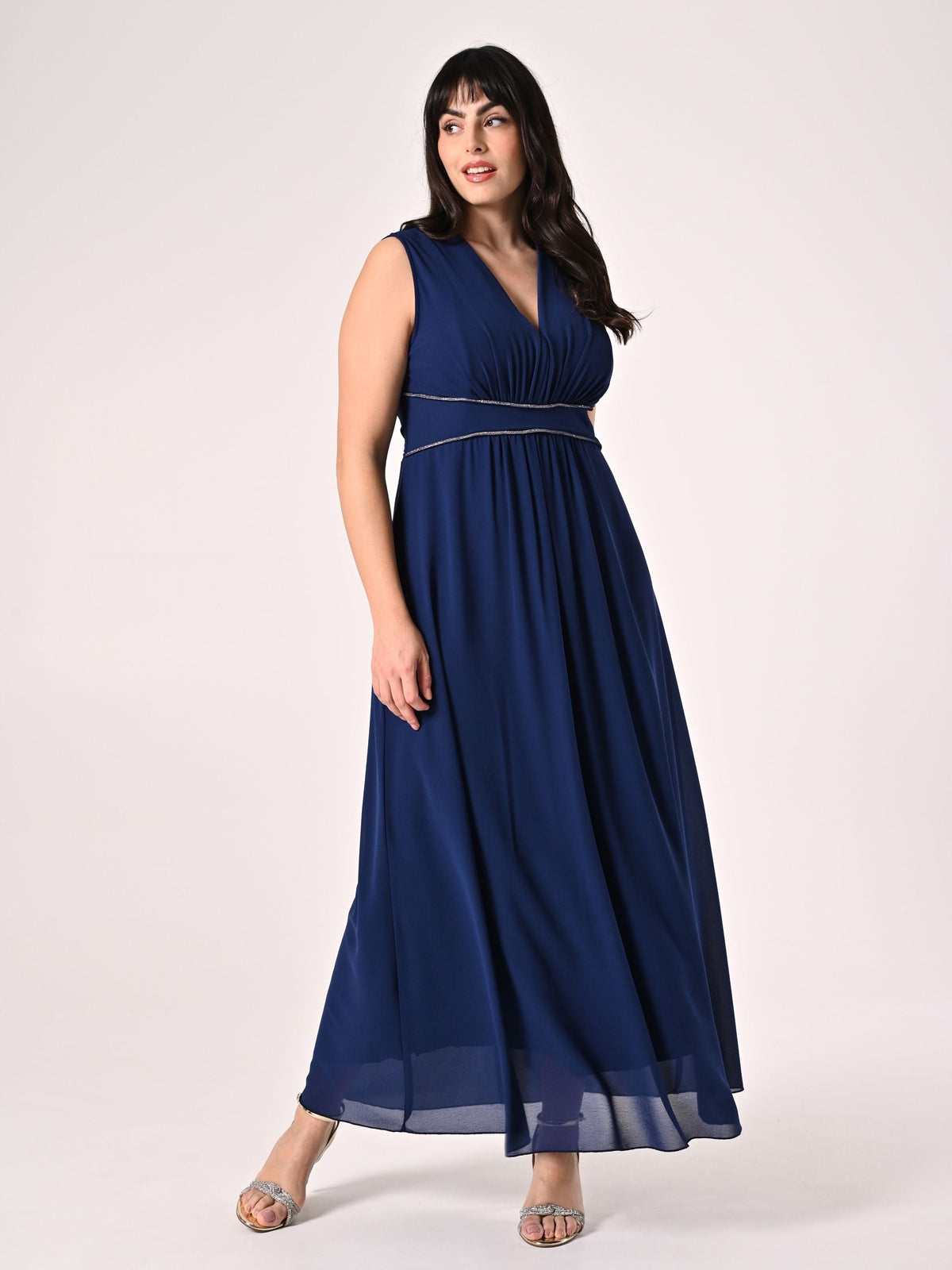 Abito Blu Curvy Lungo con Piping Strass