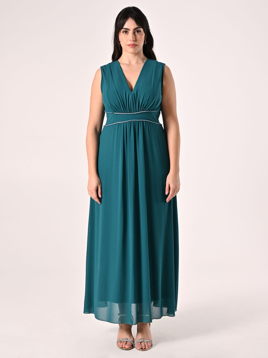 Abito Curvy Verde Reale Lungo con Piping Strass