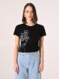 T-Shirt Nera in Cotone con Perle