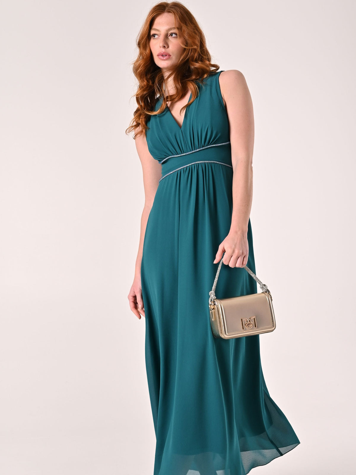 Abito Verde Reale Lungo con Piping Strass