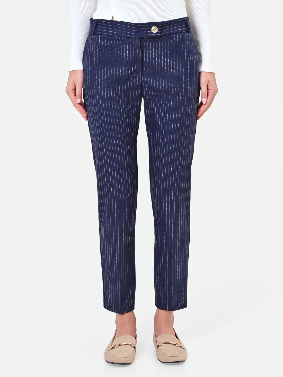 Pantalone in misto viscosa blu navy gessato