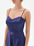 Top atelier lungo in raso blu indaco