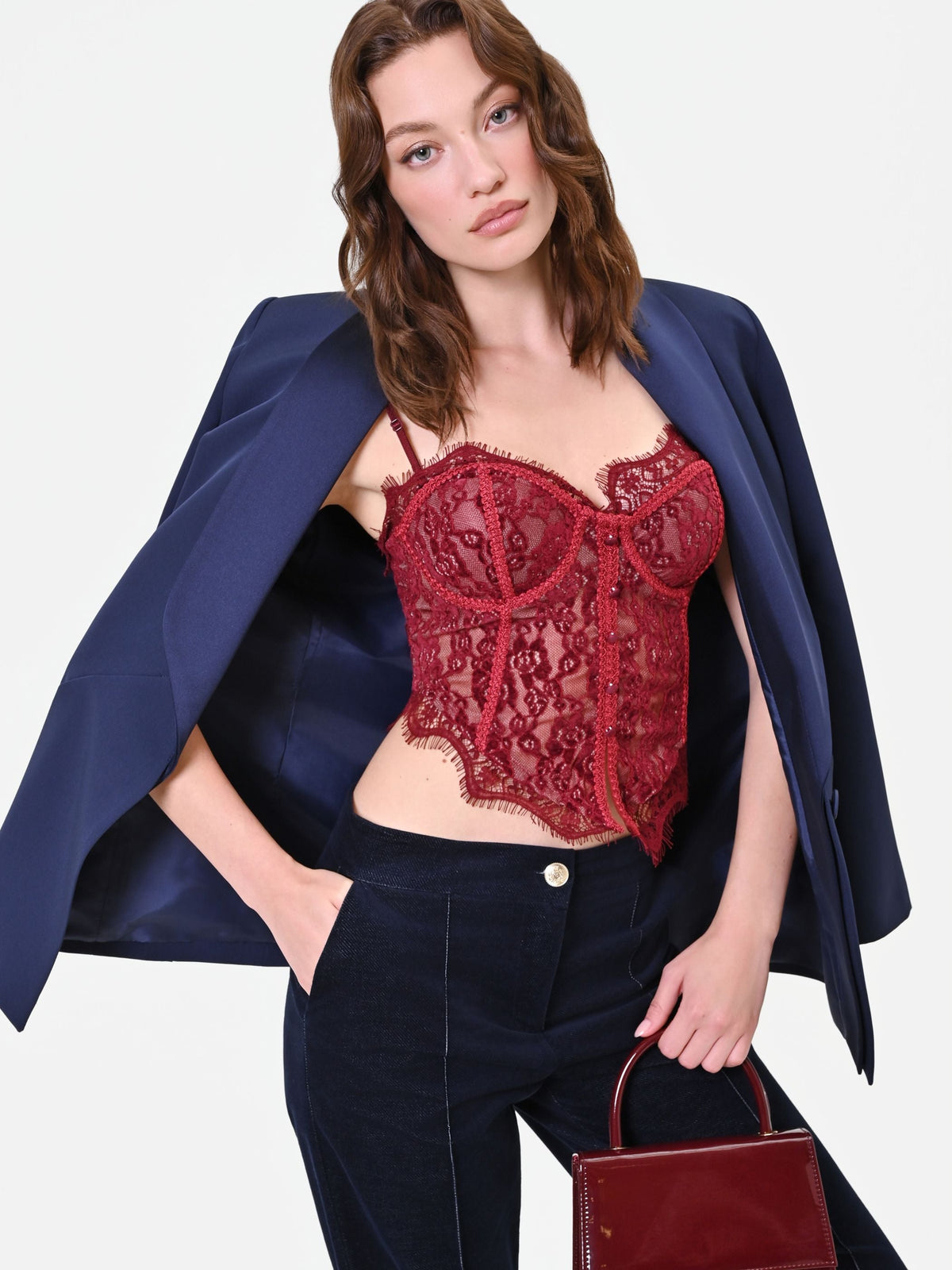 Top bustier bordeaux in pizzo floreale