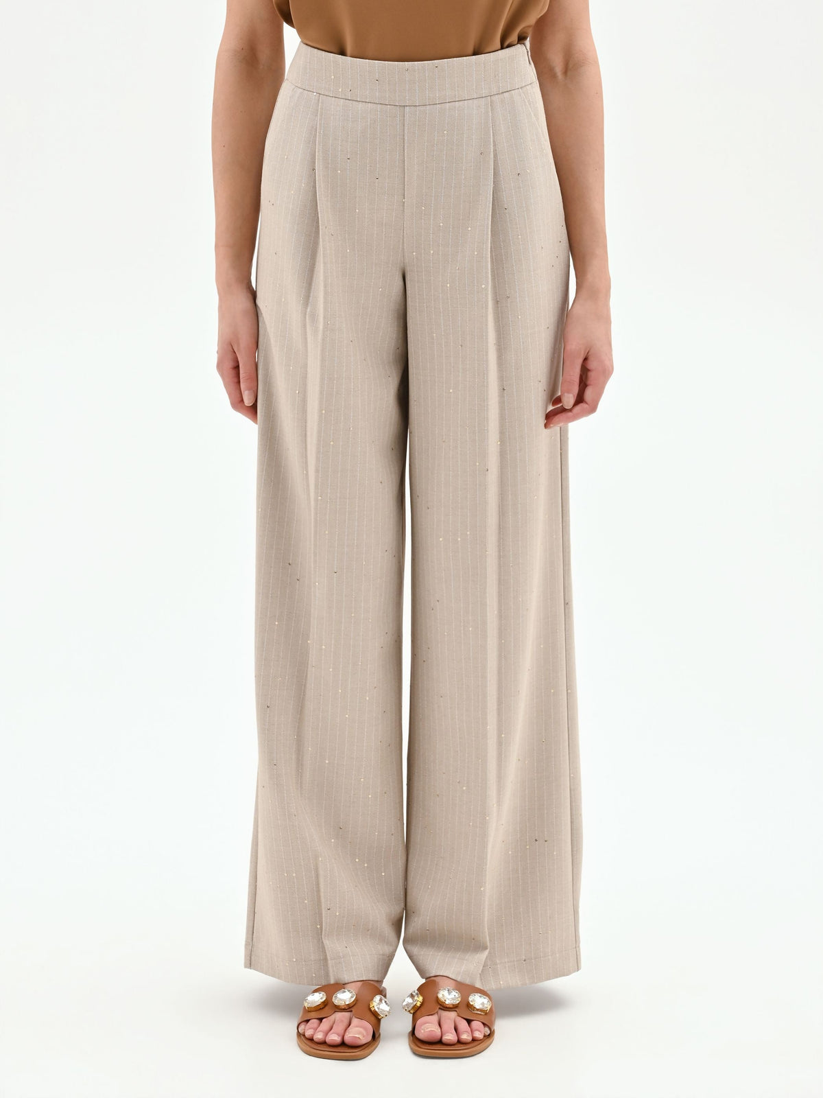 Pantalone palazzo beige gessato con punti luce