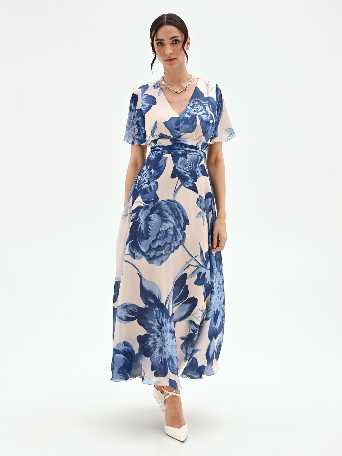Abito lungo blu brillante con fantasia floreale