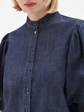 Camicia con maniche a sbuffo in denim blu scuro