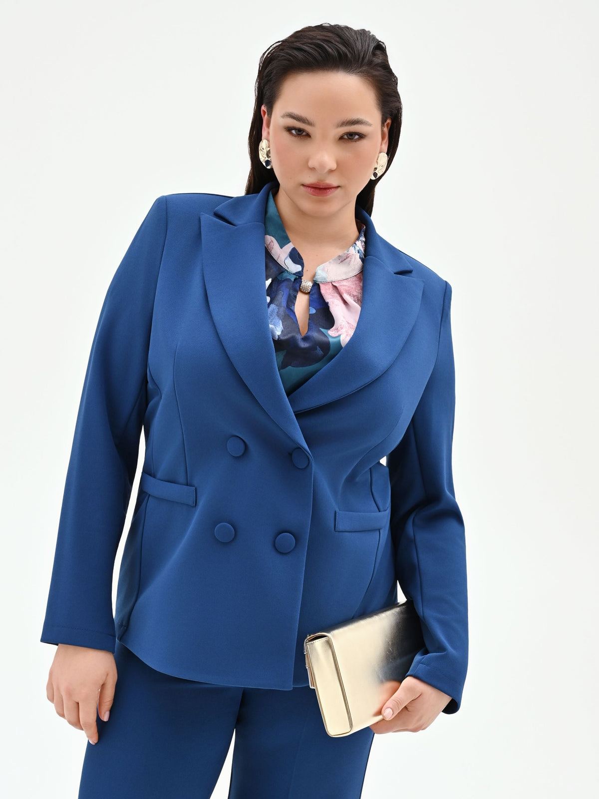 Giacca Curvy doppiopetto blu brillante in scuba mano crepe