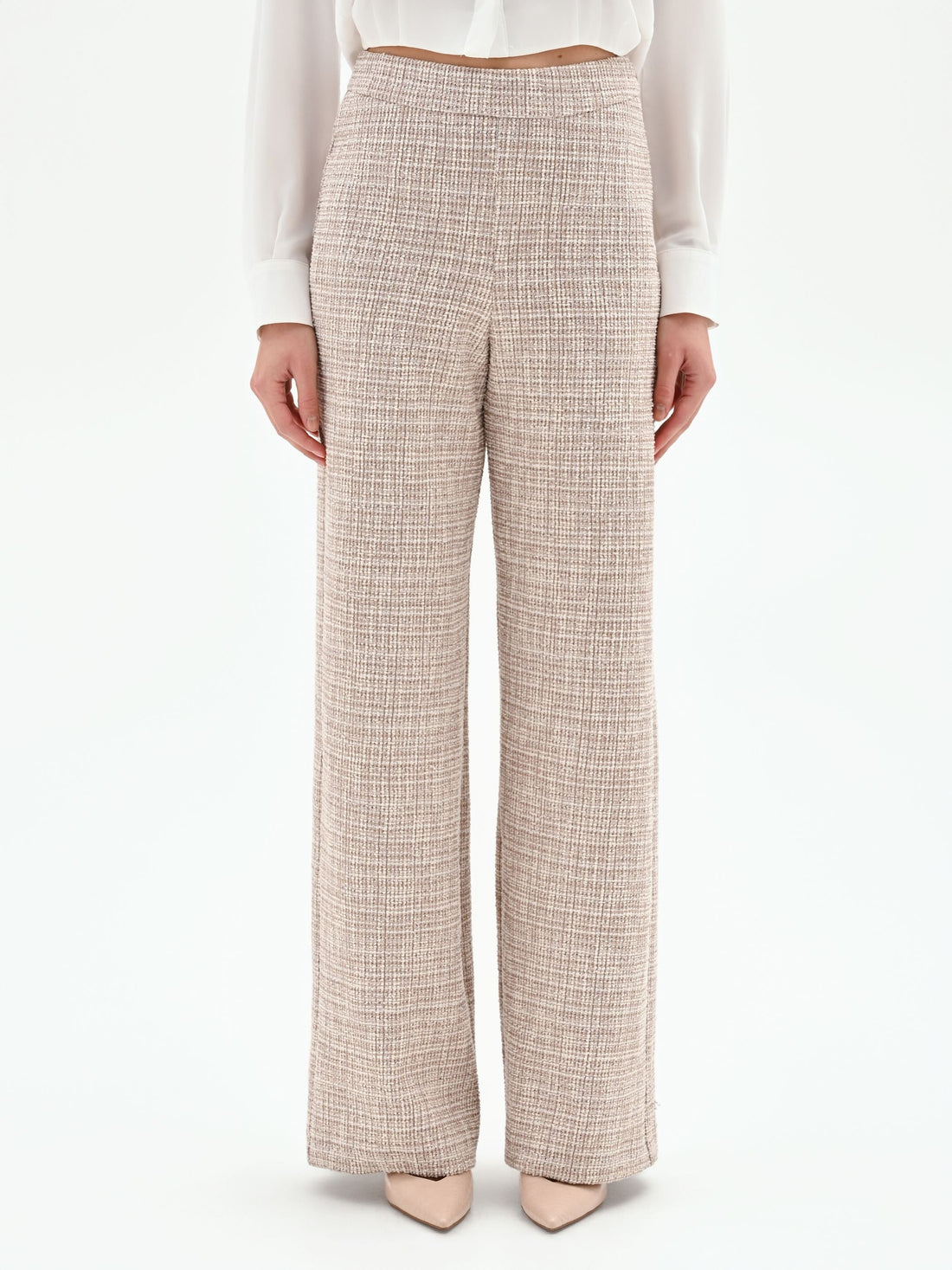 Pantalone a palazzo beige chiaro effetto tweed