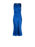 Abito midi blu brillante con drappeggio asimmetrico