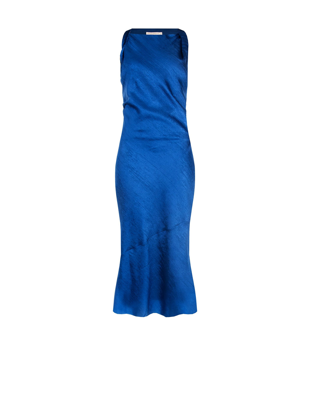Abito midi blu brillante con drappeggio asimmetrico