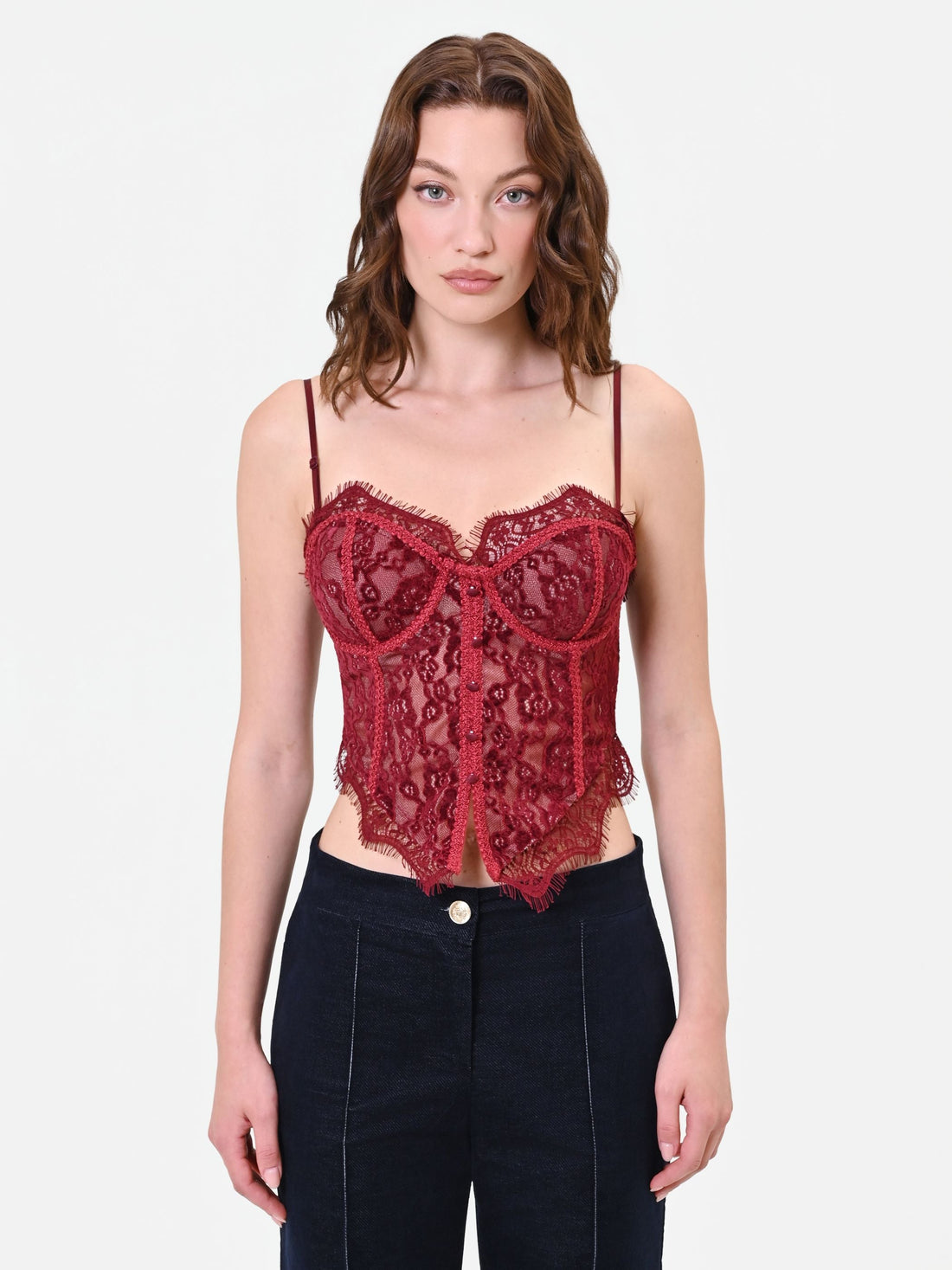 Top bustier bordeaux in pizzo floreale