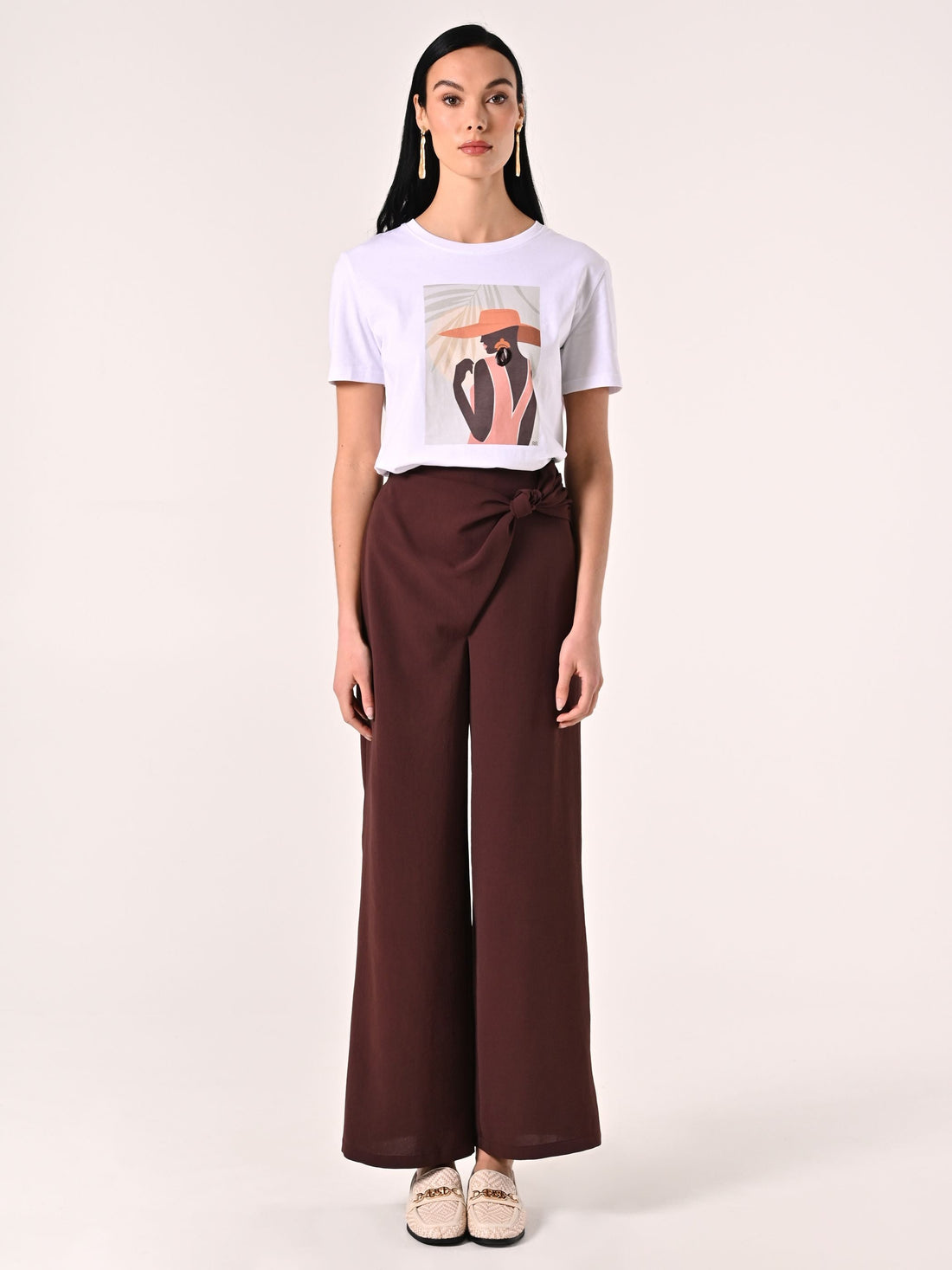 Pantaloni Marrone Cioccolato con Nodo effetto Goffrato