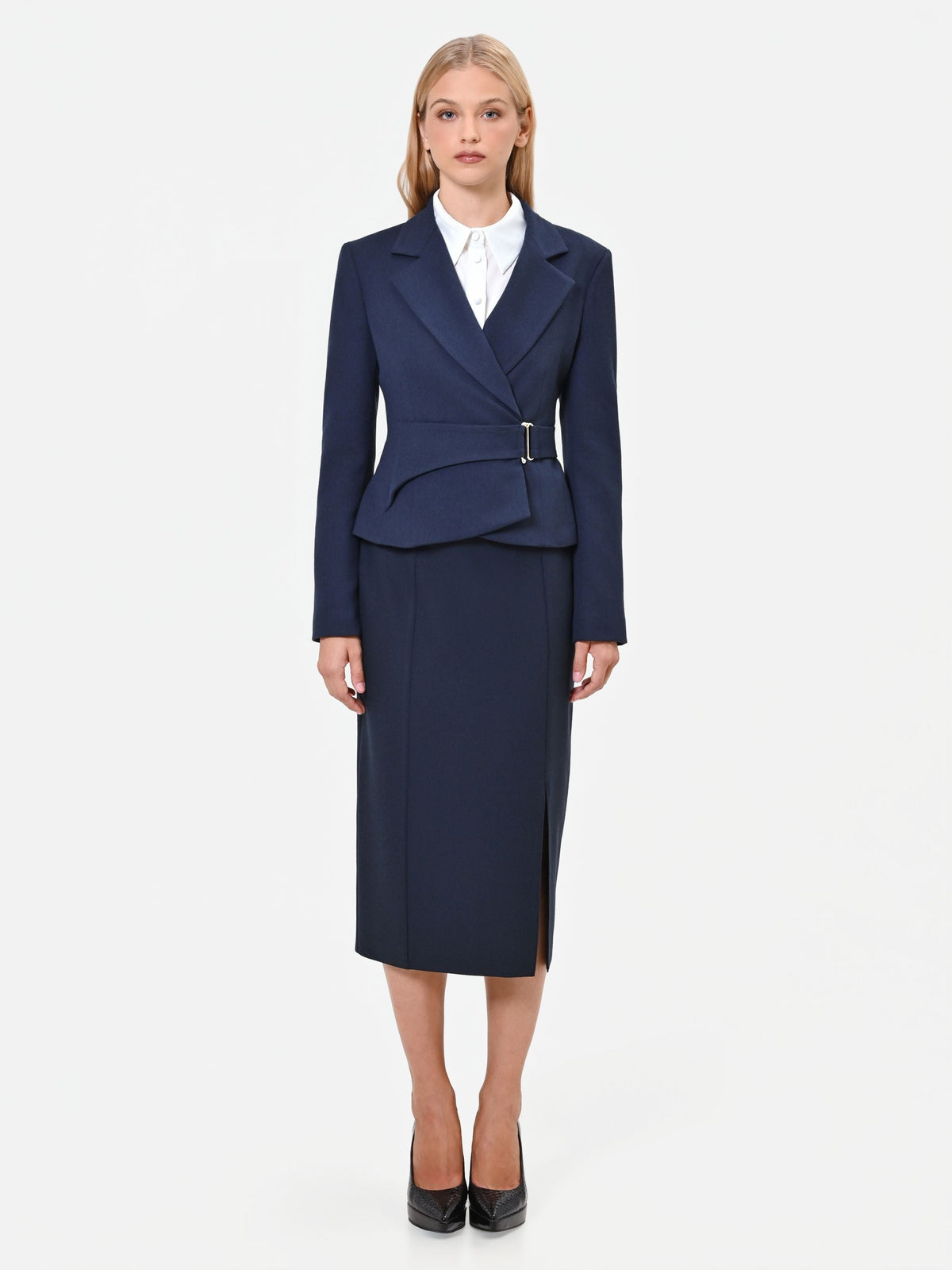 Giacca incrociata blu navy con fibbia in poliviscosa