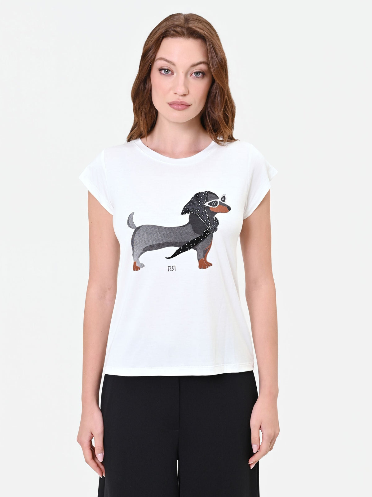 T-shirt panna con stampa bassotto
