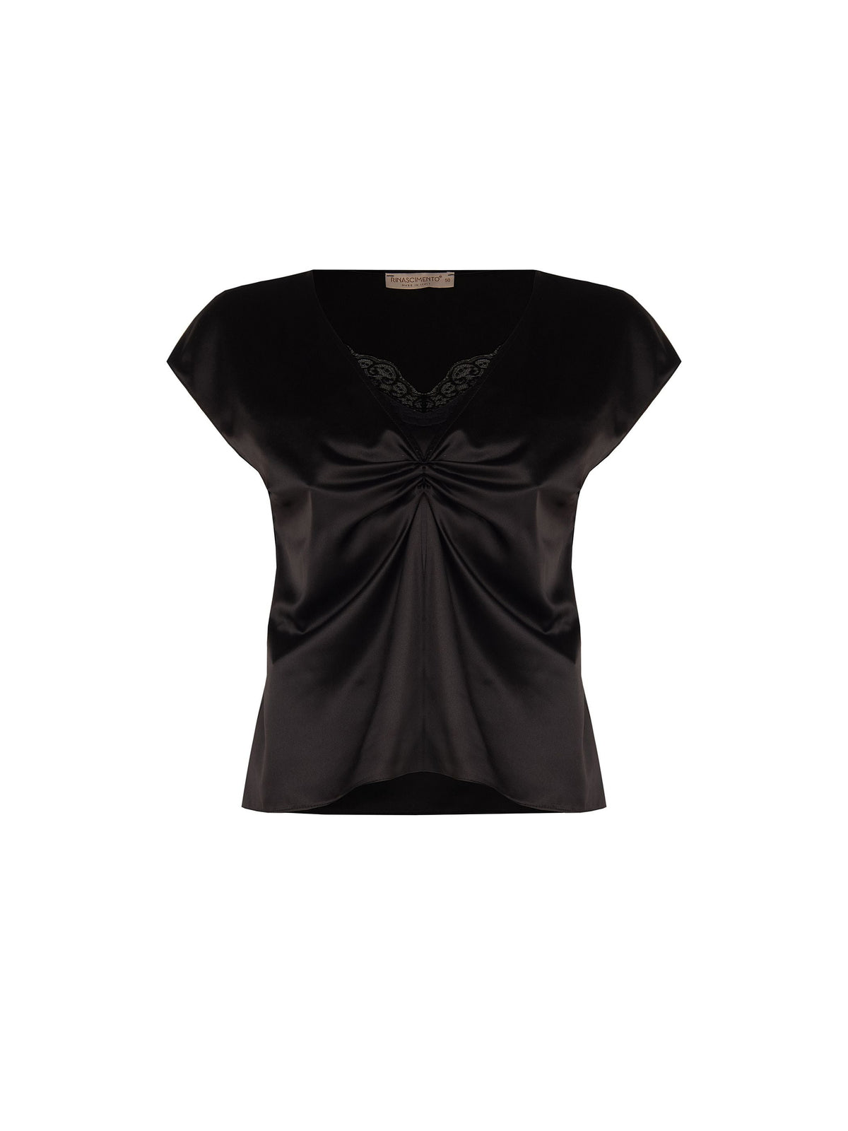 Top Curvy nero in raso con nodo centrale