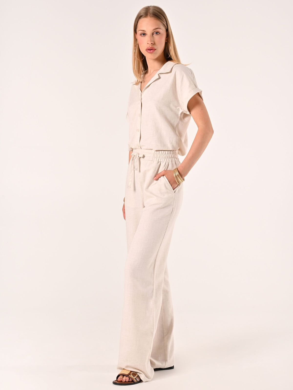 Pantaloni Beige Ampi in Lino Cotone
