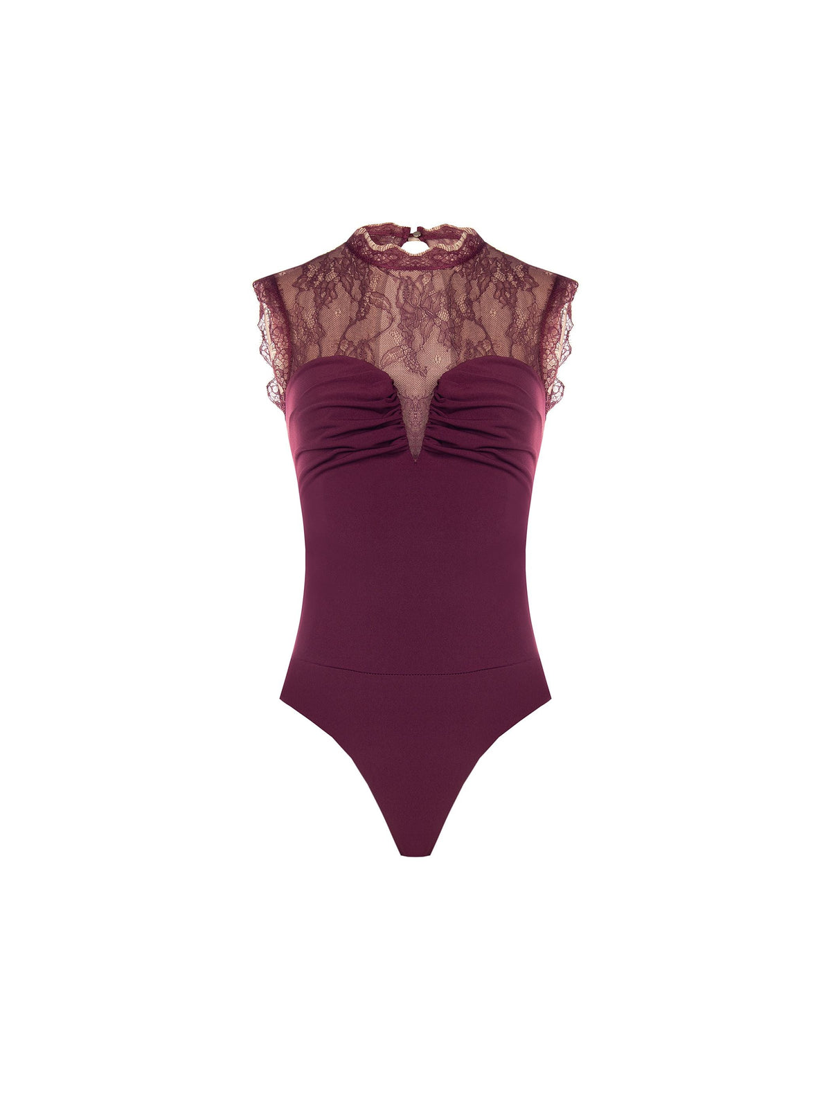 Top smanicato bordeaux con pizzo e drappeggio