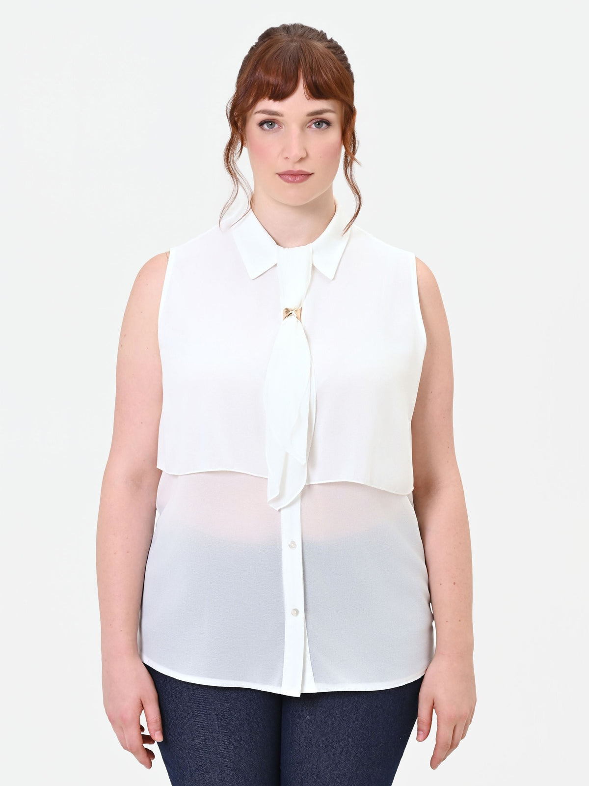 Camicia Curvy smanicata bianca in georgette a strati