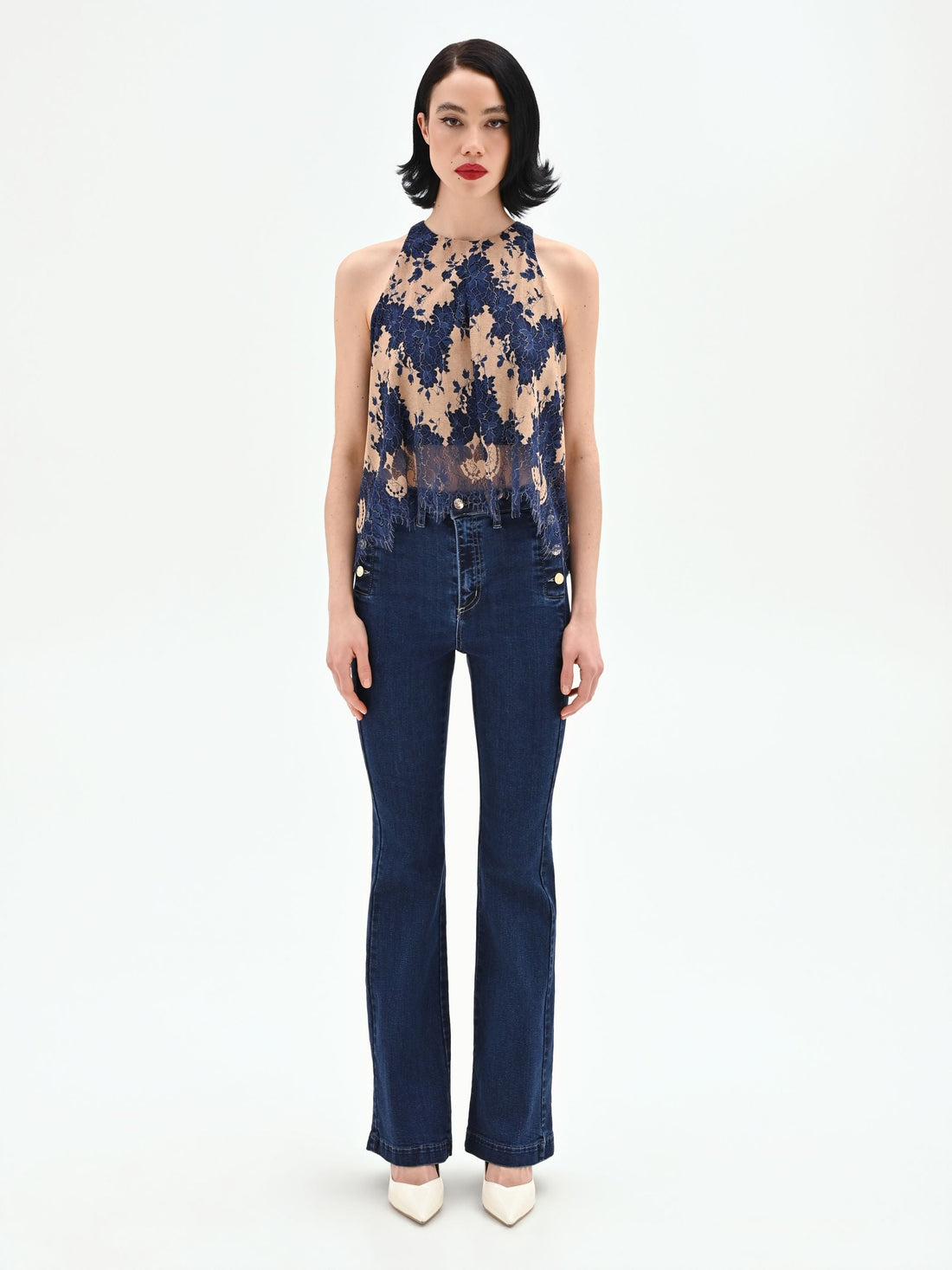 Top blu in pizzo macramè bicolore