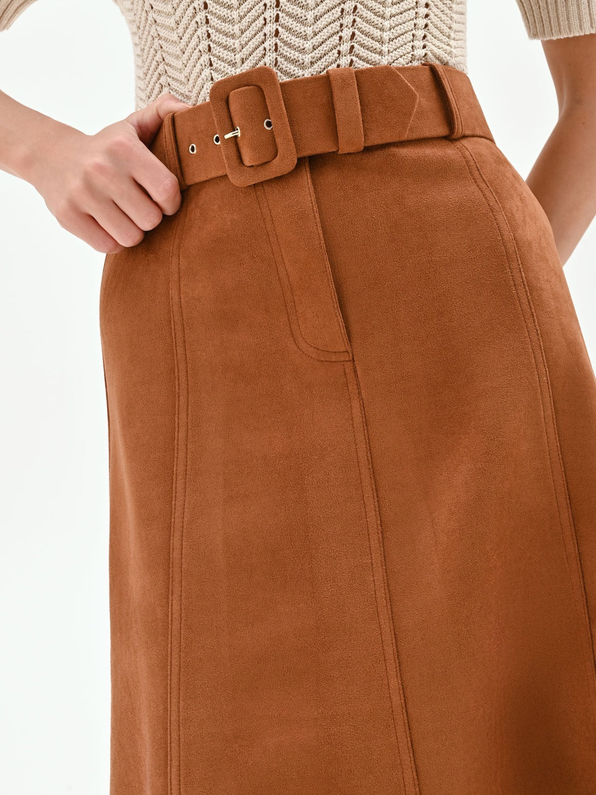 Gonna midi cammello beige effetto camoscio