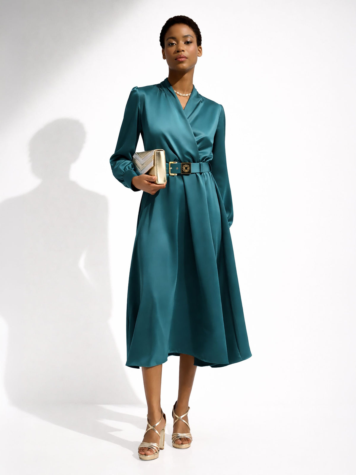 Abito midi in raso blu ottanio