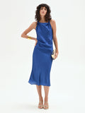 Abito midi blu brillante con drappeggio asimmetrico