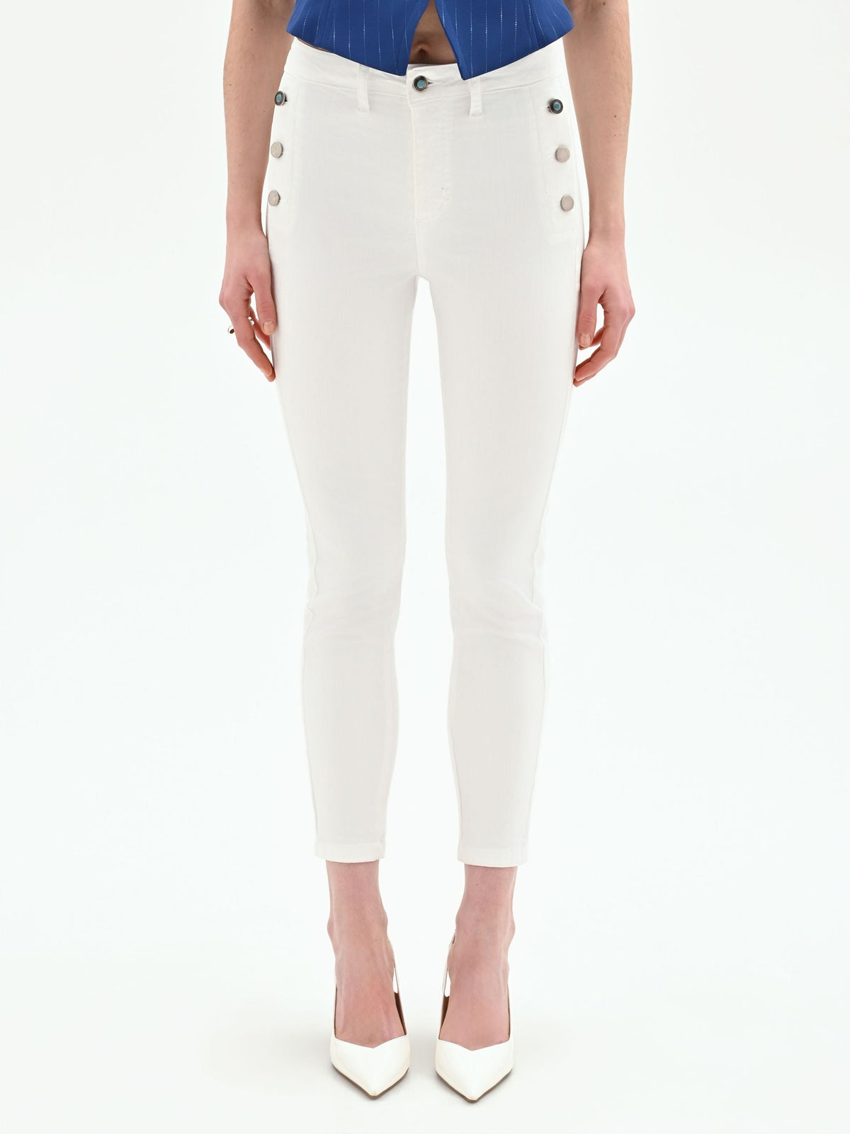 Jeans bianchi skinny con bottoni laterali