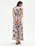 Abito lungo beige con stampa floreale blu navy