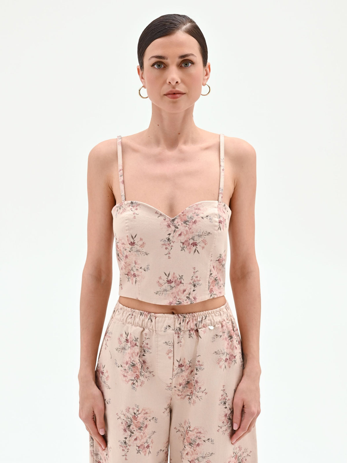 Top bustier in denim stampa floreale