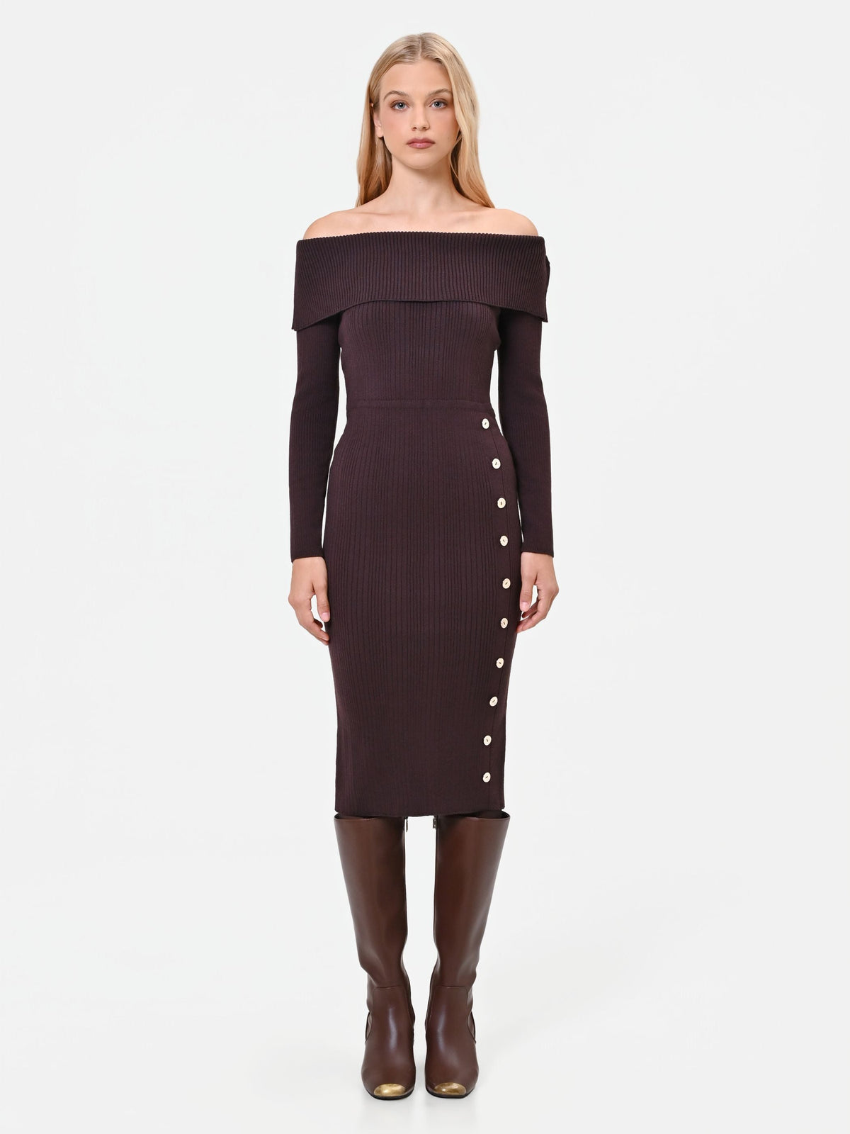 Abito midi in misto viscosa marrone moro con bottoni decorativi