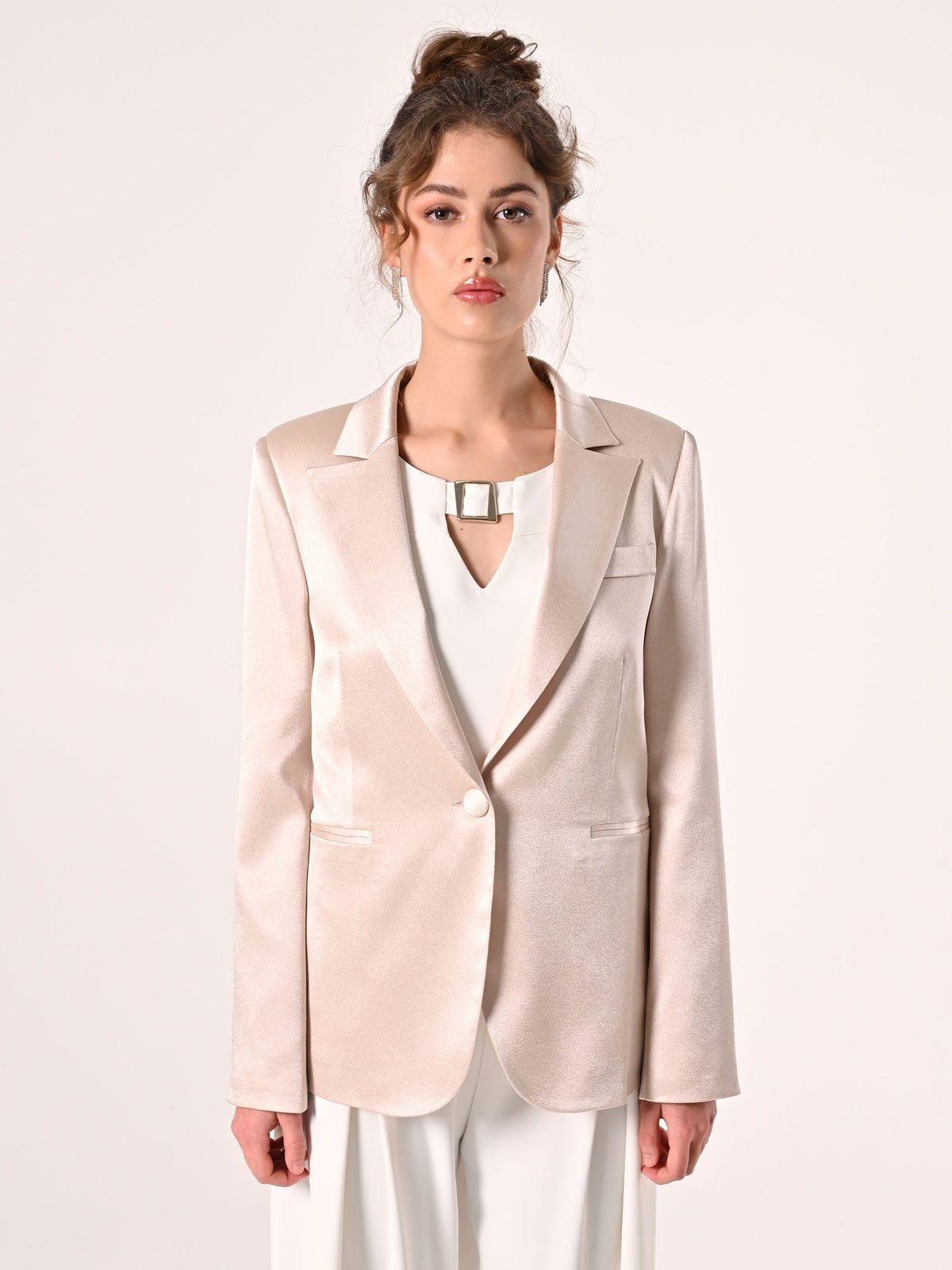 Giacca Monopetto in Raso Strutturato Beige