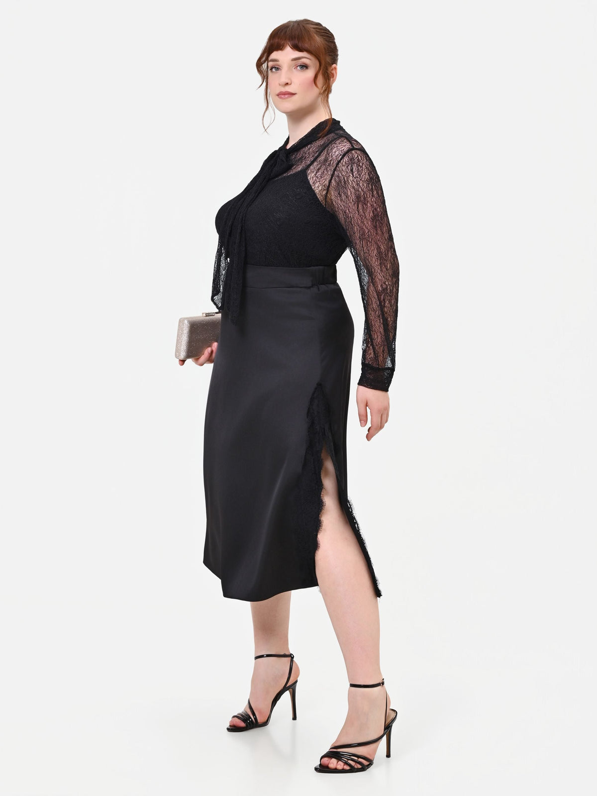 Gonna Midi Curvy in Raso con Inserti in Pizzo