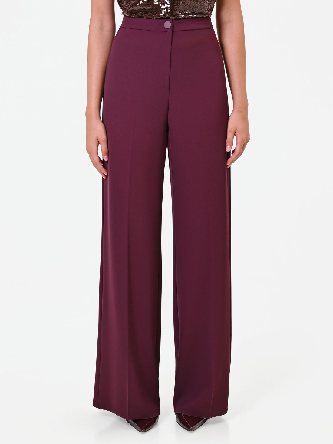 Pantalone palazzo bordeaux con bottone piatto in cadi
