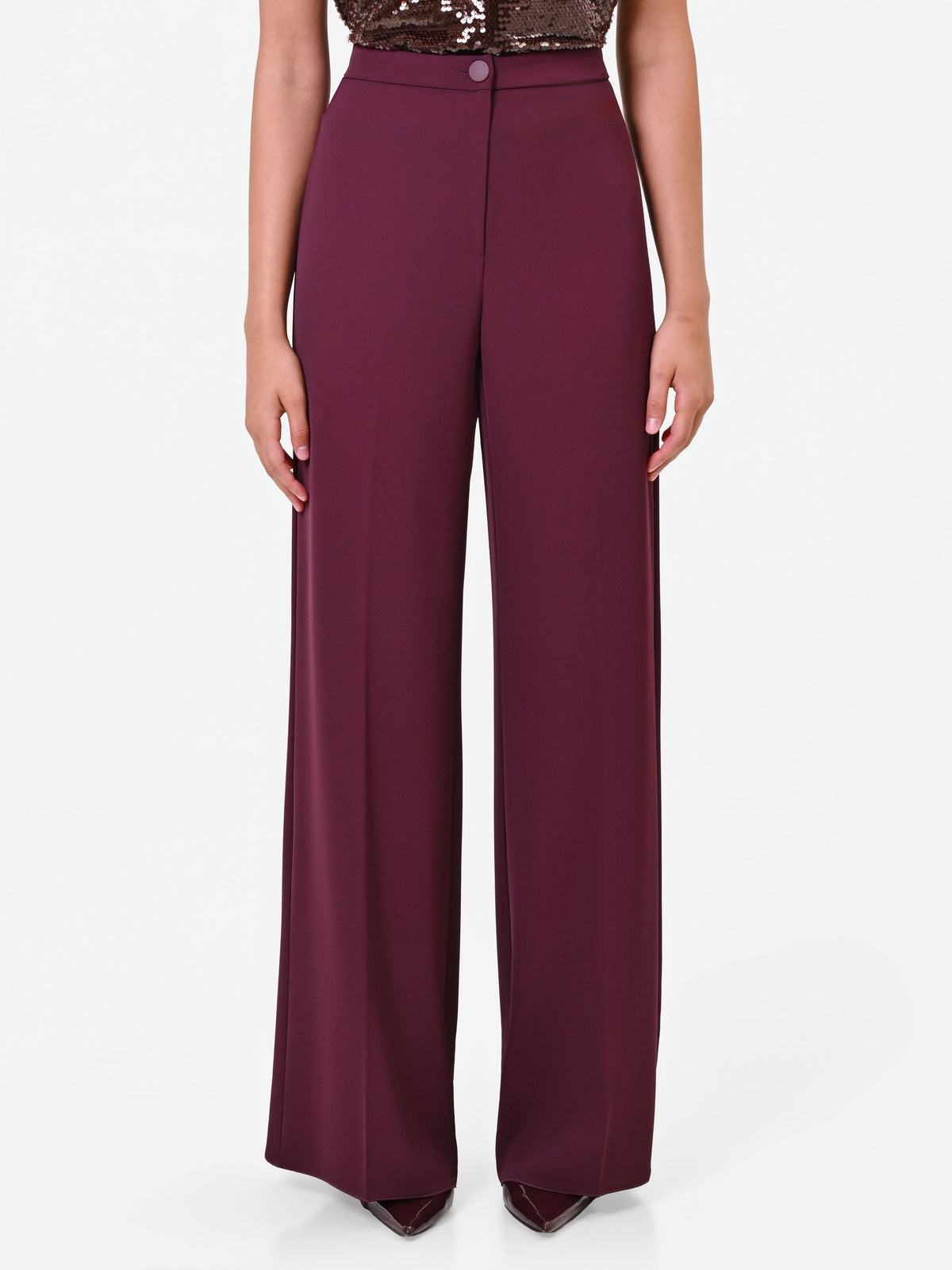 Pantalone palazzo bordeaux con bottone piatto in cadi