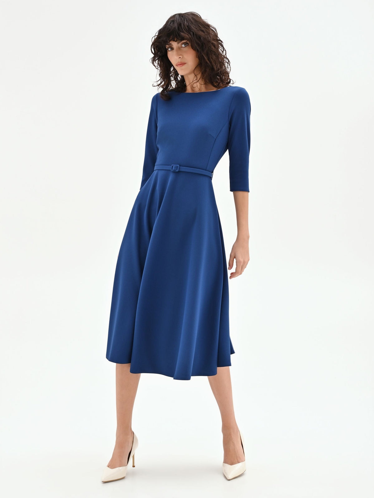 Abito midi blu brillante con cintura in vita
