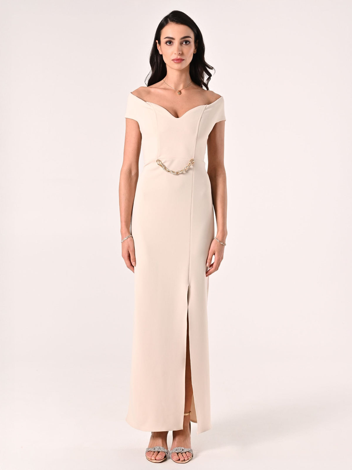 Abito Lungo Beige Chiaro in scuba Mano Crepe