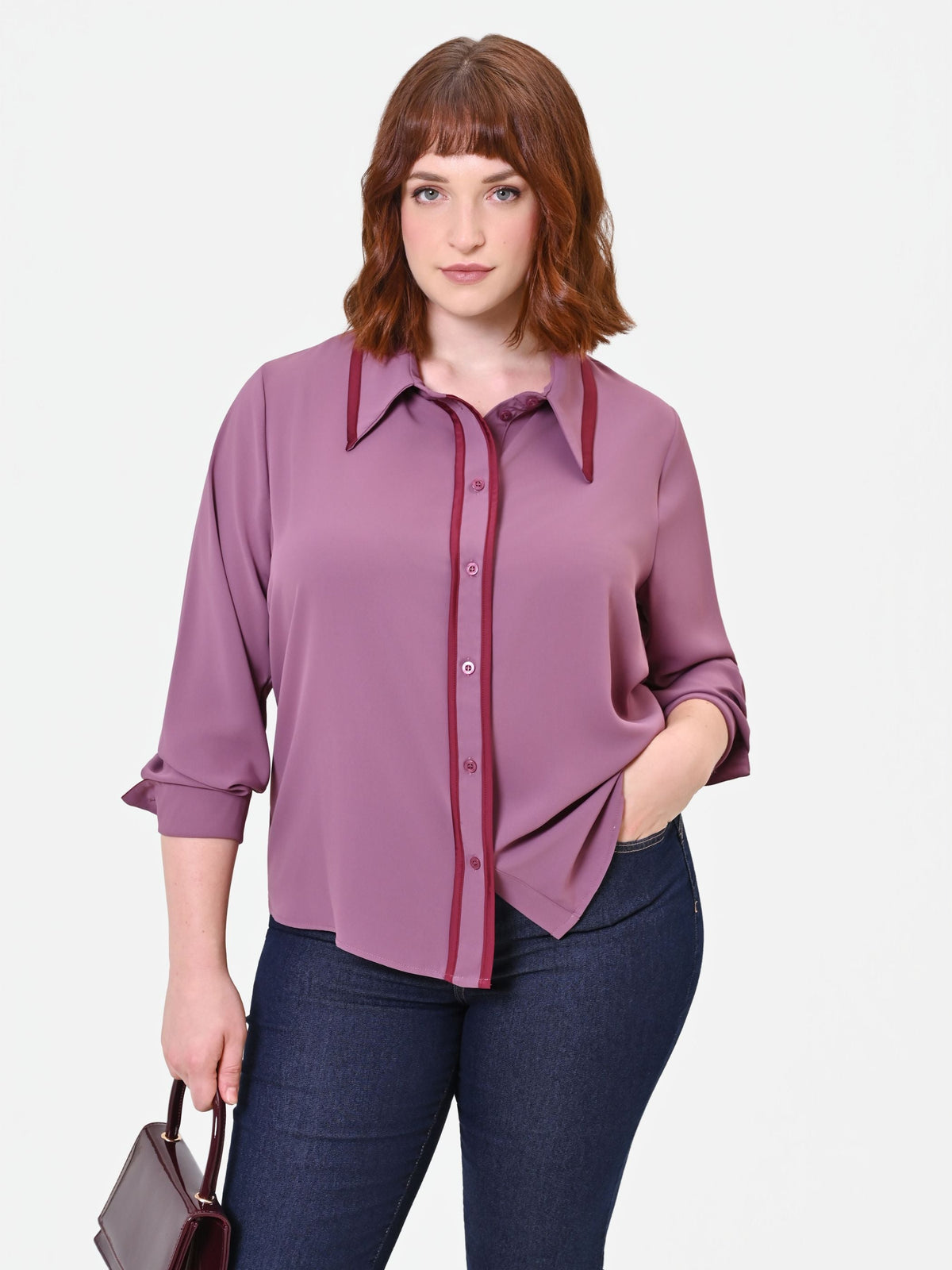Camicia  Curvy in raso rosa antico con profili a contrasto