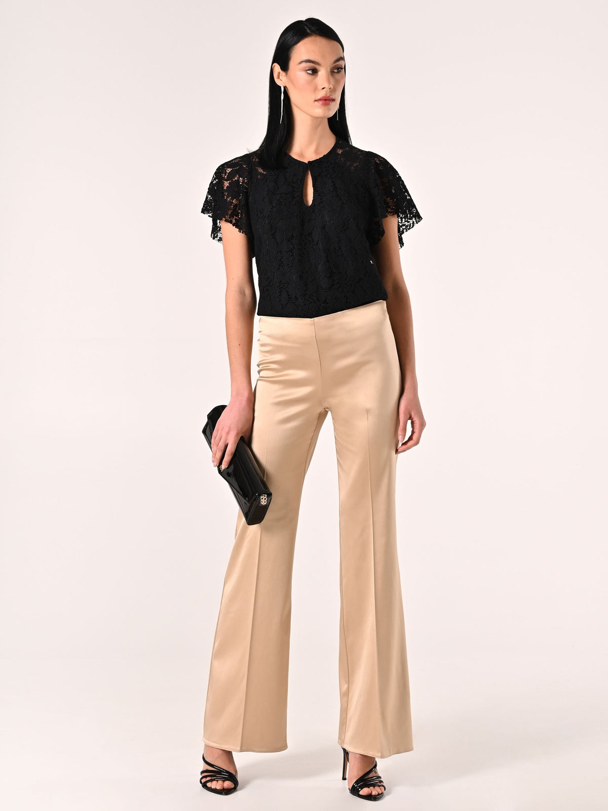 Pantaloni in Raso di Viscosa Beige Scuro