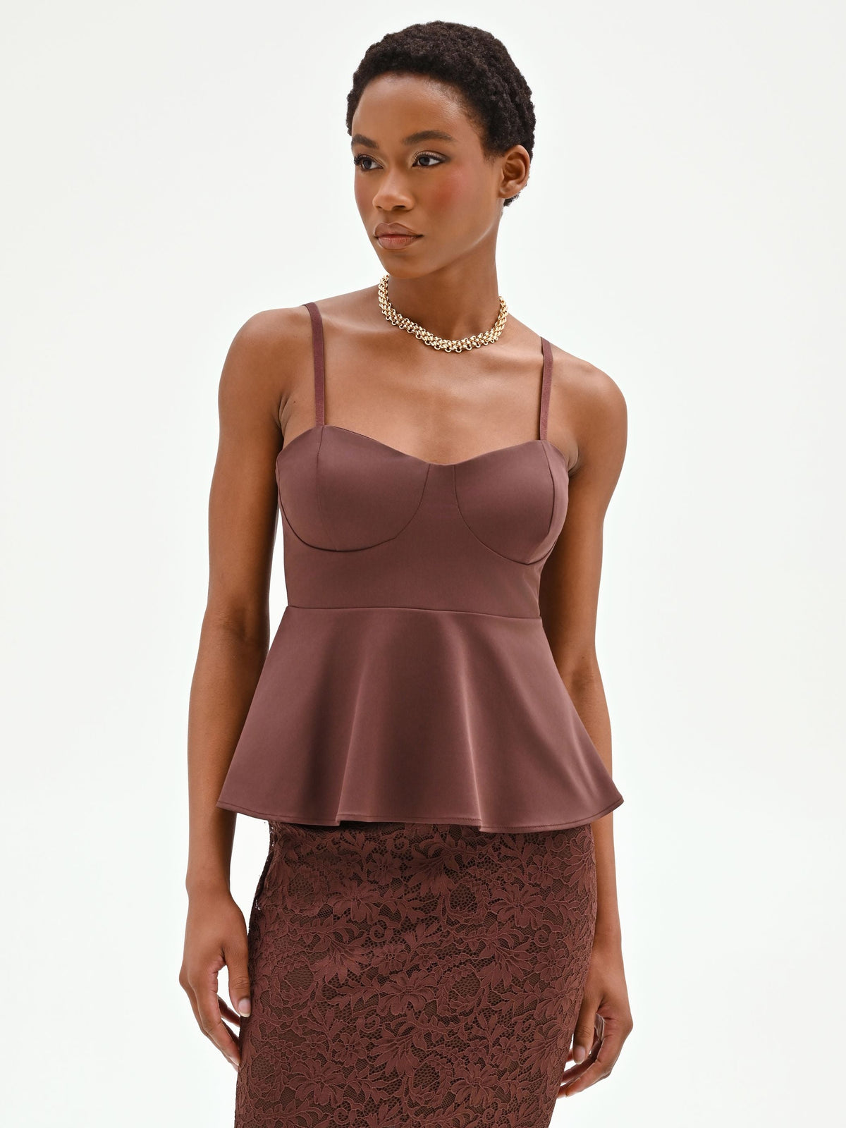 Top bustier in cotone color cioccolato con baschina