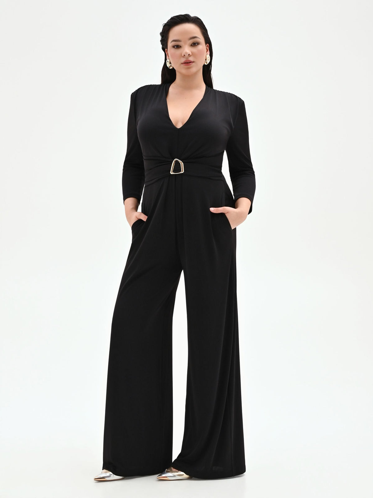 Tuta nera Curvy palazzo in jersey fluido