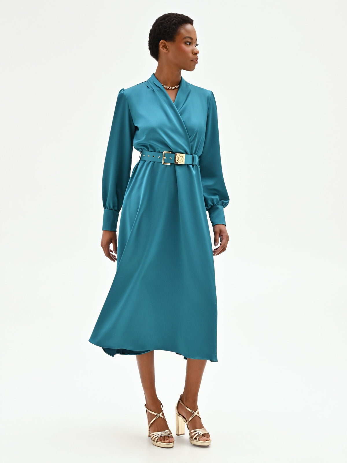 Abito midi in raso blu ottanio