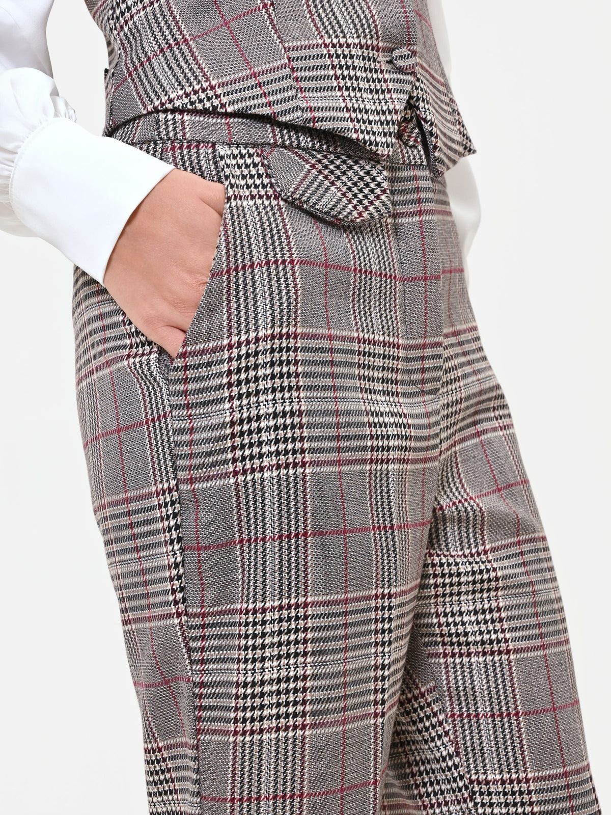 Pantalone a gamba larga principe di galles tortora beige in poliviscosa